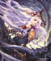Rule 34 | 10s, 1girl, armor, armpits, ass, bodysuit, breastplate, claws, cleavage cutout, clothing cutout, elbow gloves, gauntlets, gloves, granblue fantasy, greaves, headgear, hisakata souji, light purple hair, long hair, looking at viewer, medusa (shingeki no bahamut), pointy ears, red eyes, red gloves, riding, shingeki no bahamut, sitting, snake hair, solo, teeth, thighhighs, upper teeth only, v-shaped eyebrows, very long hair, watermark