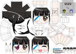 Rule 34 | 1girl, artist name, black hair, blush, breasts, brown eyes, character name, chibi, closed eyes, el joey, eyepatch, heterochromia, highres, jacket, long hair, long sleeves, military jacket, open mouth, panties, paper cutout, papercraft, ponytail, purple eyes, sakamoto mio, smile, solo, strike witches, underwear, uniform, watermark, web address, world witches series