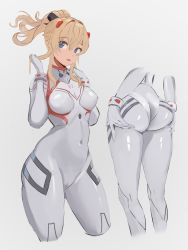 Rule 34 | 1girl, absurdres, ass support, blue eyes, bodysuit, breasts, cameltoe, cleft of venus, commentary, cosplay, covered navel, cropped legs, english commentary, evangelion: 3.0+1.0 thrice upon a time, genshin impact, hair intakes, highres, huge filesize, interface headset, jean (genshin impact), long hair, looking at viewer, medium breasts, mirai hikari, multiple views, neon genesis evangelion, pilot suit, plugsuit, ponytail, rebuild of evangelion, skin tight, souryuu asuka langley, souryuu asuka langley (cosplay), white bodysuit