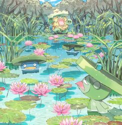 Rule 34 | ^ ^, absurdres, afloat, aisutabetao, blue skin, closed eyes, colored skin, commentary request, creatures (company), dancing, evolutionary line, flower, game freak, gen 3 pokemon, grass, green skin, highres, lily pad, lombre, lotad, lotus, ludicolo, nintendo, no humans, open mouth, outdoors, pokemon, pokemon (creature), smile, water
