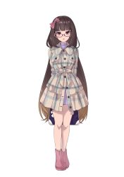 Rule 34 | 1girl, absurdres, arms behind back, bow, brown hair, coat, fate/grand order, fate (series), full body, glasses, gradient hair, hair bow, hane yuki, highres, long hair, looking at viewer, miniskirt, multicolored hair, open mouth, osakabehime (fate), pink bow, pink footwear, purple skirt, red-framed eyewear, red eyes, simple background, skirt, solo, standing, straight hair, very long hair, white background