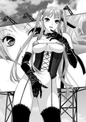 Rule 34 | 1futa, bare shoulders, billboard, black thighhighs, blush, bottomless, breasts, cleavage, collar, corset, covering crotch, covering privates, elbow gloves, futanari, garter belt, garter straps, gloves, greyscale, groin, hanabusu arisu, highres, kagosaka mahiro, large breasts, lingerie, long hair, looking at viewer, monochrome, my doll house, navel, newhalf, original, solo, thighhighs, twintails, underwear, very long hair, wig, yui toshiki