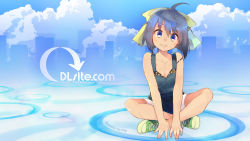 Rule 34 | 1girl, ahoge, blue eyes, blue hair, blue sky, bow, chig, cloud, cloudy sky, converse, day, dlsite.com, elle sweet, full body, green footwear, hair between eyes, hair bow, highres, indian style, looking at viewer, outdoors, overalls, parted lips, shoes, short hair, shorts, sitting, sky, smile, sneakers, solo, wallpaper, watermark, web address, white shorts, yellow bow
