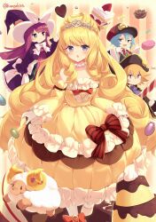 blonde_hair blue_hair cake chocolate curly_hair dress duel_monster food frilled_dress frills green_eyes hat highres kanzakietc long_hair madolche_baaple madolche_chouxvalier madolche_magileine madolche_puddingcess princess purple_eyes purple_hair smile tricorne witch_hat yu-gi-oh!