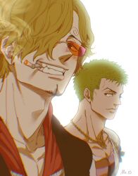 Rule 34 | 2boys, asymmetrical bangs, blonde hair, blush, cigarette, closed mouth, curly eyebrows, facial hair, goatee, green hair, hair over one eye, highres, jewelry, looking at viewer, male focus, mrs.custard, multiple boys, necklace, one eye covered, one piece, one piece film: red, roronoa zoro, sanji (one piece), short hair, signature, simple background, smile, smoke, smoking, sunglasses, white background