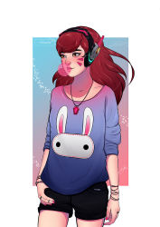Rule 34 | animal print, artist name, black ribbon, black shorts, blue shirt, brown eyes, brown hair, blowing bubbles, casual, cellphone, chewing gum, collarbone, d.va (overwatch), eyelashes, eyeshadow, facepaint, facial mark, fingernails, gem, hand in pocket, headphones, highres, jewelry, katerina basmanova, legs apart, long fingernails, looking away, makeup, mascara, nail polish, necklace, nose, overwatch, overwatch 1, parted lips, phone, pink lips, pink nails, rabbit print, ribbon, shirt, short shorts, short sleeves, shorts, sleeves past elbows, sleeves pushed up, standing, teeth, whisker markings, yellow eyes