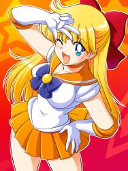 Rule 34 | 1990s (style), 1girl, ;d, aino minako, anime coloring, bishoujo senshi sailor moon, blonde hair, blue bow, blue eyes, blush, bow, choker, cowboy shot, elbow gloves, gloves, gradient background, hair bow, half updo, long hair, looking at viewer, one eye closed, open mouth, orange skirt, pleated skirt, red bow, retro artstyle, sailor collar, sailor venus, shiny skin, skirt, smile, solo, star (symbol), starry background, tanuki no suana, tanuki yousuke, v, white gloves, wink