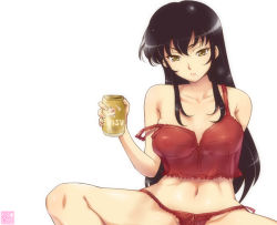 Rule 34 | 00s, 1girl, alcohol, beer, beer can, black hair, camisole, can, drink can, hairu, lingerie, long hair, looking at viewer, mole, osakabe itoko, panties, school rumble, see-through, simple background, solo, strap slip, teacher, underwear, white background