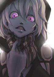 Rule 34 | 10s, 1girl, abyssal ship, backlighting, bad id, bad pixiv id, boushi-ya, clenched teeth, face, fingernails, hood, hoodie, kantai collection, looking at viewer, pale skin, pointing, pointing at self, purple eyes, re-class battleship, scarf, scarf pull, sharp fingernails, short hair, solo, striped clothes, striped scarf, teeth, white hair