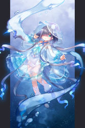 Rule 34 | 1girl, black hair, blunt bangs, commentary, dress, eyes visible through hair, full body, green eyes, hair over one eye, hair spread out, highres, hood, hood up, hooded dress, jellyfish, kito (sorahate), long hair, long sleeves, looking at viewer, low twintails, original, parted lips, personification, puffy long sleeves, puffy sleeves, see-through, solo, twintails, very long hair, white dress