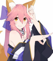 Rule 34 | 1girl, animal ear fluff, animal ears, bad id, bad pixiv id, bare shoulders, blush, detached collar, detached sleeves, fate/extra, fate (series), fox ears, fox girl, fox tail, ieufg, long hair, looking at viewer, pink hair, simple background, smile, solo, tail, tamamo (fate), tamamo no mae (fate/extra), upper body, white background, yellow eyes
