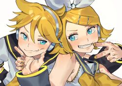 Rule 34 | 1boy, 1girl, black sailor collar, black sleeves, blonde hair, blue eyes, blush, bow, detached sleeves, hair between eyes, hair bow, hair ornament, hairclip, hand on another&#039;s cheek, hand on another&#039;s chin, hand on another&#039;s face, headset, kagamine len, kagamine rin, looking at another, nadie tadano, neckerchief, necktie, parted bangs, sailor collar, shirt, short hair, short ponytail, short sleeves, siblings, sleeveless, sleeveless shirt, smile, teeth, treble clef, twins, v, vocaloid, white background, white bow, white shirt, yellow nails, yellow neckerchief, yellow necktie