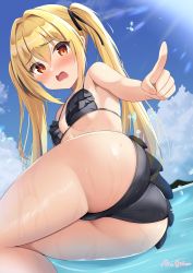 Rule 34 | 1girl, absurdres, ass, bikini, bikini skirt, black bikini, blonde hair, blue sky, blush, breasts, brown hair, cloud, commentary request, day, dolphin wave, frilled bikini, frills, hair intakes, hair ribbon, highres, index finger raised, kazami ellen, lens flare, long hair, open mouth, outdoors, pinesphere, pointing, pointing at viewer, ribbon, signature, sitting, sky, small breasts, solo, swimsuit, twintails, wavy mouth, wet