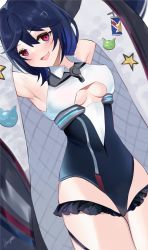 Rule 34 | 1girl, :d, allen m. sumner (azur lane), armpits, arms up, azur lane, badge, bare shoulders, black coat, black leotard, blue hair, blush, breasts, button badge, clothing cutout, coat, collared leotard, commentary, covered erect nipples, cowboy shot, hair between eyes, hair ornament, hairclip, highres, leotard, long hair, long sleeves, looking at viewer, megumi kei, open clothes, open coat, open mouth, red eyes, sidelocks, signature, skindentation, small breasts, smile, solo, standing, thigh strap, two-tone leotard, underboob, underboob cutout