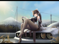 Rule 34 | 1girl, absurdres, azur lane, bare shoulders, black footwear, bodystocking, bow, breasts, brown hair, car, cleavage cutout, clothing cutout, dodge challenger, dodge challenger (3rd generation), elbow gloves, extra ears, feet, fingerless gloves, full body, gloves, hair flaps, high heels, highres, holding, holding shoes, kcar66t, large breasts, leotard, letterboxed, long hair, looking at viewer, motor vehicle, multicolored leotard, official alternate costume, outdoors, race queen, shoes, sitting on hair, solo, takao (azur lane), takao (full throttle charmer) (azur lane), two-tone leotard, unitard, unworn shoes, very long hair, white bow, white gloves, yellow eyes