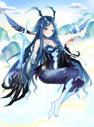 Rule 34 | 1girl, absurdres, blue eyes, blue hair, bonanus (genshin impact), breasts, chao ciyuan hai meng xing, claws, cleavage, commentary request, detached sleeves, dress, facial mark, forehead, forehead mark, genshin impact, highres, horns, long hair, long sleeves, looking at viewer, parted bangs, sidelocks, sitting, smile, solo, strapless, strapless dress, vision (genshin impact), wings