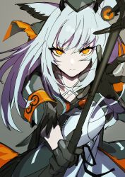 Rule 34 | 1girl, arknights, armband, black bow, black gloves, black jacket, bow, breasts, bright pupils, chuhaibane, commentary, dress, feather hair, gloves, goggles, goggles around neck, grey background, hair bow, highres, holding, holding staff, jacket, looking at viewer, medium breasts, orange bow, orange eyes, owl ears, owl girl, ptilopsis (arknights), rhine lab logo, serious, simple background, solo, staff, two-tone bow, upper body, white dress, white hair, white pupils