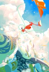 Rule 34 | 1girl, absurdres, bare shoulders, barefoot, black hair, blue sky, blurry, breasts, choker, closed mouth, cloud, commentary request, dress, closed eyes, falling, floating hair, green ribbon, highres, koinobori, lazool 721, long sleeves, original, outdoors, red dress, red neckwear, ribbon, scenery, short hair, sky, small breasts, solo, water drop, wide shot, windsock