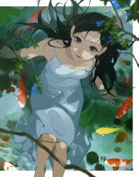 Rule 34 | 1girl, absurdres, animal, arm support, bare shoulders, black hair, blue flower, blurry, branch, breasts, dappled sunlight, depth of field, dress, feet out of frame, fish, flower, from above, highres, knees up, koi, long hair, looking at viewer, oekaki taro, original, outside border, parted lips, partially submerged, pond, ripples, sitting, sleeveless, sleeveless dress, small breasts, solo, sundress, sunlight, water, wet, white dress