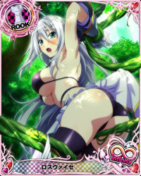 Rule 34 | 1girl, armor, ass, bikini armor, blue eyes, bound, breasts, card (medium), chess piece, high school dxd, large breasts, looking at viewer, looking back, official art, ong hair, plant, rook (chess), rossweisse, silver hair, tied up, vines