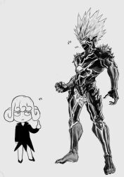 1boy 1girl alien chibi commentary dress greyscale grin hashtag-only_commentary highres lord_boros middle_finger monochrome muscular muscular_male nnsee_d one-eyed one-punch_man sharp_teeth shoulder_spikes smile spiked_hair spikes tatsumaki teeth