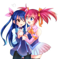 Rule 34 | 2girls, :d, ;d, bad id, bad pixiv id, blue eyes, blue hair, blush, fairy tail, fcs (frip), hair ribbon, heart, holding hands, long hair, multiple girls, one eye closed, open mouth, pantyhose, red hair, ribbon, sheria blendy, simple background, skirt, smile, thighhighs, wendy marvell
