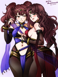 Rule 34 | ass, bare shoulders, breasts, brown eyes, brown hair, crossover, dancer, dorothea arnault, fire emblem, fire emblem: three houses, fire emblem heroes, green eyes, kujikawa rise, large breasts, long hair, mina cream, nintendo, persona, persona 4, sideboob, twintails