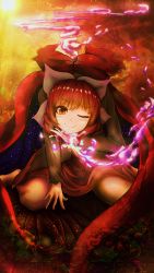 Rule 34 | 1girl, black shirt, blush, bow, cape, commentary request, disembodied head, hair bow, highres, holding head, kneeling, looking at viewer, millzyuron, one eye closed, red cape, red eyes, red hair, red skirt, sekibanki, shirt, short hair, skirt, smile, solo, touhou