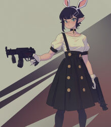 Rule 34 | 1girl, animal ears, black choker, black hair, black pantyhose, black skirt, blue eyes, breasts, brown background, choker, closed mouth, collarbone, commentary, dual wielding, e503com, fake animal ears, feet out of frame, gloves, grey background, gun, h&amp;k mp5k, hair ornament, hairband, hairclip, high-waist skirt, highres, holding, holding gun, holding weapon, looking at viewer, medium breasts, original, pantyhose, pleated skirt, pointy ears, puffy short sleeves, puffy sleeves, shirt, short hair, short sleeves, skirt, solo, standing, submachine gun, suspender skirt, suspenders, weapon, white gloves, white hairband, white shirt