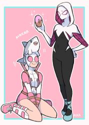Rule 34 | 2girls, :d, absurdres, ballet slippers, belt, between legs, bodysuit, commentary, covered navel, doughnut, food, full body, gwen stacy, gwenpool, hand between legs, hand on own hip, highres, holding, holding food, hood, hood up, hooded bodysuit, jeff (marvel), katana, kneeling, leotard, looking at another, marvel, mask, multiple girls, open mouth, pink leotard, shark, silk, sitting, skin tight, smile, spider-gwen, spider-man: into the spider-verse, spider-man (series), spider-verse, spider web, spider web print, superhero costume, sushi pizza rrr, sword, symbol-only commentary, wariza, weapon