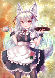 Rule 34 | :d, animal ear fluff, animal ears, apron, black legwear, cocoasabure, commentary request, cup, dress, fox ears, fox tail, frilled dress, frills, highres, long hair, maid, maid apron, maid headdress, open mouth, original, pantyhose, puffy short sleeves, puffy sleeves, red eyes, saucer, short sleeves, silver hair, smile, tail, teacup, teapot