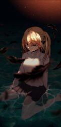Rule 34 | 1girl, black feathers, black skirt, blonde hair, blurry, crying, dark background, depth of field, expressionless, feathers, gradient hair, highres, hoshino ruby, long hair, looking at viewer, multicolored hair, one side up, oshi no ko, pleated skirt, red eyes, red hair, shallow water, shirt tucked in, side ponytail, sidelocks, sitting, skirt, solo, star-shaped pupils, star (symbol), streaming tears, sweater, swept bangs, symbol-shaped pupils, tears, turtleneck, turtleneck sweater, valkyrierei, wariza, water, white sweater