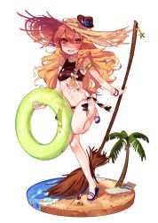 Rule 34 | 1girl, absurdres, adapted costume, beach, bikini, black bikini, blonde hair, blush, bow, bracelet, braid, broom, chair, coconut, coconut tree, full body, hair bow, hat, hat over hat, high heels, highres, innertube, jewelry, kirisame marisa, long hair, looking at viewer, lounge chair, mini hat, navel, open mouth, palm tree, sand, sandals, shovel, side-tie swimsuit, side braid, simple background, smile, solo, star (symbol), straw hat, swim ring, swimsuit, tis (shan0x0shan), touhou, tree, trowel, water, wavy hair, white background, white bow, witch hat, worktool, yellow eyes