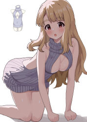 Rule 34 | all fours, alternate costume, backless outfit, bare legs, blush, breasts, brown hair, cleavage, cleavage cutout, clenched hands, clothing cutout, ebifu, feet out of frame, grey sweater, highres, idolmaster, idolmaster million live!, legs, long hair, medium breasts, meme attire, miyao miya, ribbed sweater, simple background, sleeveless, sleeveless sweater, straight hair, sweater, very long hair, virgin killer sweater, white background