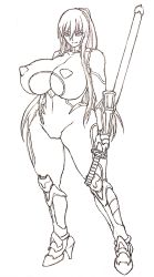 Rule 34 | 1girl, akiyama rinko, bodysuit, boots, breasts, curvy, covered erect nipples, female focus, fishnets, full body, gloves, highres, holding, holding sword, holding weapon, huge breasts, impossible bodysuit, impossible clothes, katana, long hair, looking at viewer, monochrome, ninja, smile, solo, sword, taimanin (series), taimanin yukikaze, thighs, traditional media, turtleneck, very long hair, weapon, wrato