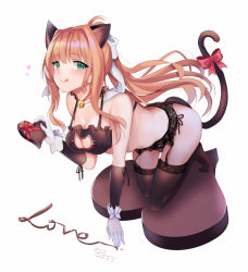 Rule 34 | 1girl, animal ears, blush, bow, bra, breasts, brown hair, cat cutout, cat ears, cat keyhole bra, chocolate, cleavage cutout, clothing cutout, dated, doki doki literature club, full body, gloves, green eyes, hair bow, hair ornament, heart, heart-shaped pupils, kevn, large breasts, lingerie, long hair, looking at viewer, monika (doki doki literature club), smile, symbol-shaped pupils, tail, tongue, tongue out, underwear