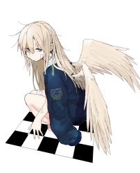 Rule 34 | 1girl, angel, angel wings, azumaya toushirou, bandaged leg, bandages, bandaid, bandaid on arm, bandaid on face, bandaid on neck, barefoot, blonde hair, blue eyes, blue jacket, checkered floor, commentary request, from side, hair between eyes, highres, jacket, jacket on shoulders, long hair, looking back, messy hair, original, resolution mismatch, simple background, solo, source larger, squatting, white background, wings