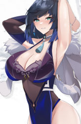 Rule 34 | 1girl, absurdres, armpits, blush, bob cut, breasts, cleavage, diagonal bangs, fur-trimmed jacket, fur trim, genshin impact, highres, jacket, jacket on shoulders, jewelry, large breasts, looking at viewer, mole, mole on breast, musicatopos, neck ring, short hair, smile, solo, tassel, white jacket, yelan (genshin impact)