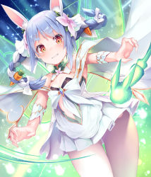 Rule 34 | 1girl, alternate costume, animal ear fluff, animal ears, blue hair, bow, braid, breasts, carrot hair ornament, cleavage, clothing cutout, commentary, dress, flower, food-themed hair ornament, gluteal fold, grin, hair bow, hair flower, hair ornament, highres, hololive, idol, looking at viewer, medium hair, miniskirt, mogmog, multicolored hair, navel, navel cutout, orange eyes, pleated skirt, rabbit ears, ringed eyes, shawl, sidelocks, skirt, sleeveless, small breasts, smile, solo, streaked hair, swept bangs, teeth, thick eyebrows, thigh gap, thighs, twin braids, twintails, usada pekora, virtual youtuber, white dress, white hair, white skirt