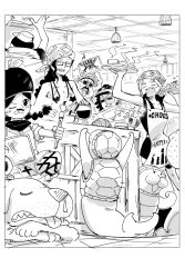 Rule 34 | 3boys, 3girls, :3, :q, border, braid, creature, cup, dog, greyscale, head scarf, holding, holding cup, kankan33333, kung fu dugong, lassoo (one piece), miss doublefinger, miss goldenweek, miss merry christmas, miss valentine, mister five, mister four, monochrome, multiple boys, multiple girls, musical note, one piece, one piece film: red, open mouth, pitcher (container), seashell, shell, smile, sunglasses, tongue, tongue out, torch, twin braids, white border, wide-eyed