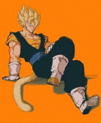 Rule 34 | 1boy, absurdres, arm support, artist name, biceps, blonde hair, blue eyes, blue sash, boots, closed mouth, collarbone, crossed legs, dougi, dragon ball, dragonball z, earrings, full body, gloves, hair between eyes, highres, invisible chair, jewelry, looking at viewer, male focus, monkey tail, muscular, muscular male, orange background, orange shirt, pectorals, potara earrings, relio db318, sash, shadow, shirt, short sleeves, simple background, sitting, smile, smirk, solo, spiked hair, super saiyan, super saiyan 1, tail, twitter username, v-shaped eyebrows, vegetto, white footwear, white gloves