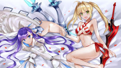 Rule 34 | 2girls, armored boots, asle, ass, bangle, bed sheet, bikini, blonde hair, blush, boots, bottomless, bracelet, chinese commentary, commentary request, fate/grand order, fate (series), flower, green eyes, hair intakes, hair ribbon, high collar, jewelry, long hair, looking at viewer, lying, medium hair, meltryllis (fate), meltryllis (third ascension) (fate), multiple girls, navel, nero claudius (fate), nero claudius (fate) (all), nero claudius (fate/extra), on back, on stomach, open mouth, petals, purple eyes, purple hair, ribbon, rose, rose petals, side-tie bikini bottom, sidelocks, sleeves past fingers, sleeves past wrists, smile, swimsuit, sword, thighs, twintails, very long sleeves, weapon