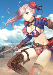 Rule 34 | 1girl, american flag bikini, asymmetrical hair, bikini, black choker, blue eyes, blue jacket, blue sky, boots, breasts, brown footwear, bun cover, choker, cleavage, cloud, collarbone, commentary request, day, fate/grand order, fate (series), flag print, gun, gunblade, hair bun, holding, holding gun, holding weapon, jacket, large breasts, long sleeves, miyamoto musashi (fate), miyamoto musashi (fate/grand order), miyamoto musashi (swimsuit berserker) (fate), miyamoto musashi (swimsuit berserker) (second ascension) (fate), navel, norizou, outdoors, parted lips, pink hair, shrug (clothing), single side bun, skindentation, sky, smile, solo, standing, standing on one leg, stomach, swept bangs, swimsuit, thigh boots, weapon