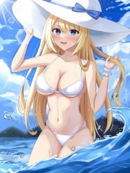 Rule 34 | 1girl, absurdres, bikini, blonde hair, blue eyes, blue sky, blush, breasts, cleavage, cloud, cowboy shot, day, hat, highres, kuon (kuon), large breasts, long hair, looking at viewer, masquerade channel, mountain, navel, ocean, open mouth, outdoors, sky, smile, soaking feet, solo, standing, sun hat, swimsuit, teeth, upper teeth only, virtual youtuber, water, white bikini, white hat, yumemiya alice