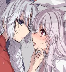 Rule 34 | 2girls, animal ears, asa (coco), blue eyes, blush, braid, collared shirt, dress, embarrassed, face-to-face, grabbing another&#039;s chin, hand on another&#039;s chin, hat, imminent kiss, light purple hair, long hair, multiple girls, necktie, nurse cap, open mouth, portrait, profile, rabbit ears, red eyes, reisen udongein inaba, shirt, silver hair, sketch, sweatdrop, touhou, yagokoro eirin, yuri
