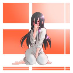 Rule 34 | 1girl, barefoot, black hair, blush, covering own mouth, embarrassed, full-face blush, full body, heart, heart hair, lens vermilion, long hair, looking at viewer, red eyes, sitting, solo, the ring, yamamura sadako