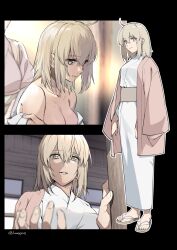 Rule 34 | 1girl, ahoge, architecture, black border, blonde hair, border, breasts, cleavage, commentary request, east asian architecture, fate/grand order, fate (series), flip-flops, haori, highres, japanese clothes, kimono, lunapont, medium breasts, obi, okita souji (fate), okita souji (koha-ace), partially undressed, sandals, sash, sick, twitter username, wooden wall, yellow eyes