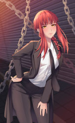 Rule 34 | 1girl, black coat, black necktie, black pants, braid, breasts, chain, chainsaw man, coat, collared shirt, formal, highres, leaning forward, makima (chainsaw man), medium breasts, medium hair, necktie, open clothes, open coat, pants, red hair, ringed eyes, rinko riban, self-upload, shirt, shirt tucked in, suit, white shirt, yellow eyes