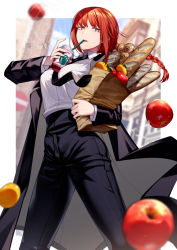 Rule 34 | 1girl, apple, baguette, bread, breasts, brown eyes, brown hair, chainsaw man, cluseller, drinking straw, drinking straw in mouth, food, formal, fruit, high-waist pants, long hair, looking at viewer, makima (chainsaw man), necktie, open mouth, pant suit, pants, solo, suit