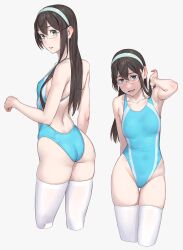 Rule 34 | 1girl, aqua one-piece swimsuit, ass, black hair, breasts, competition swimsuit, cowboy shot, from behind, glasses, green eyes, hairband, highres, kantai collection, long hair, looking at viewer, multiple views, one-piece swimsuit, ooyodo (kancolle), simple background, small breasts, swimsuit, thighhighs, white hairband, white thighhighs, yuuji (and)